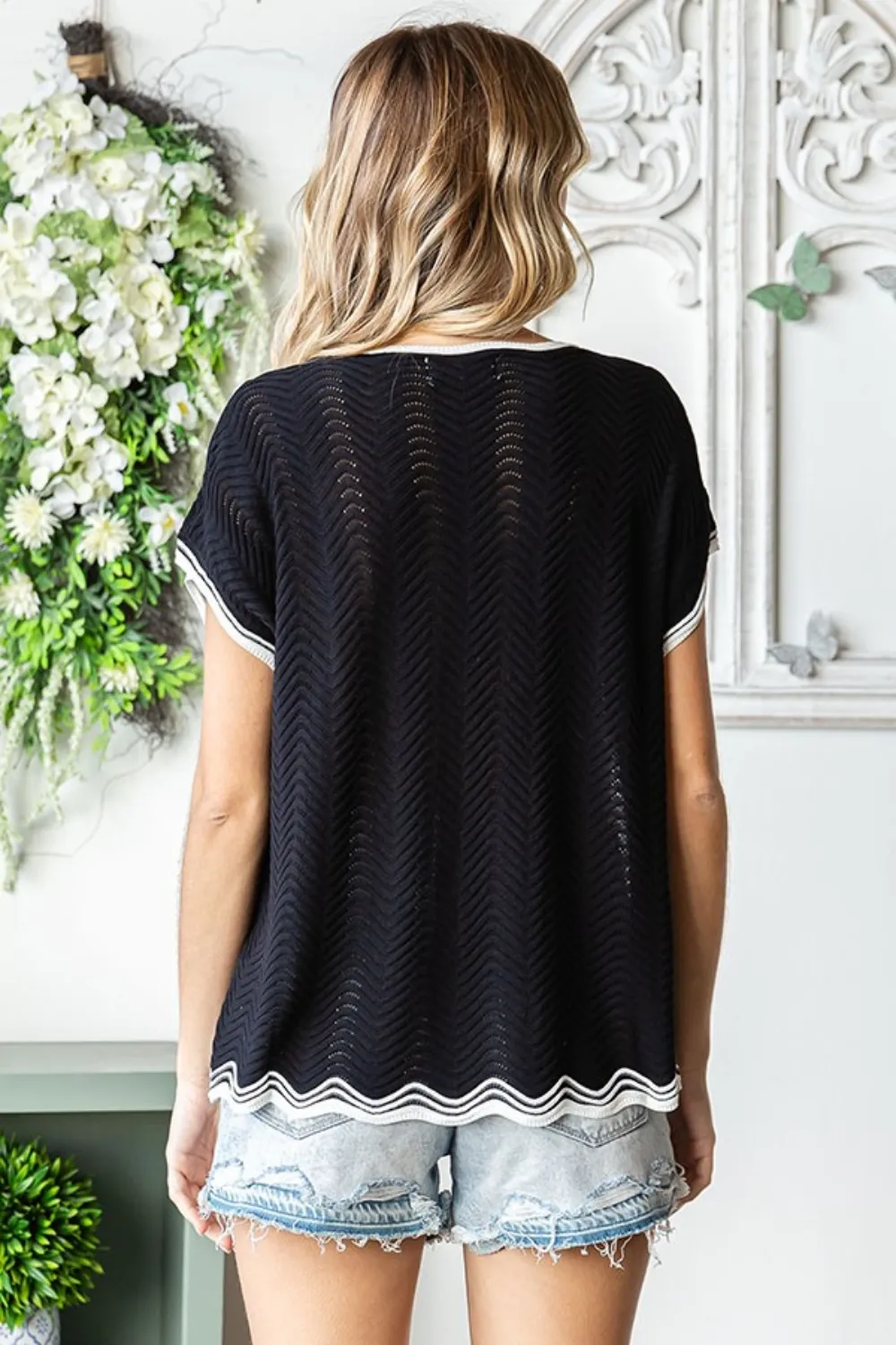 Full Size Contrast Wavy Crochet Drop Shoulder Knit Top, image 2