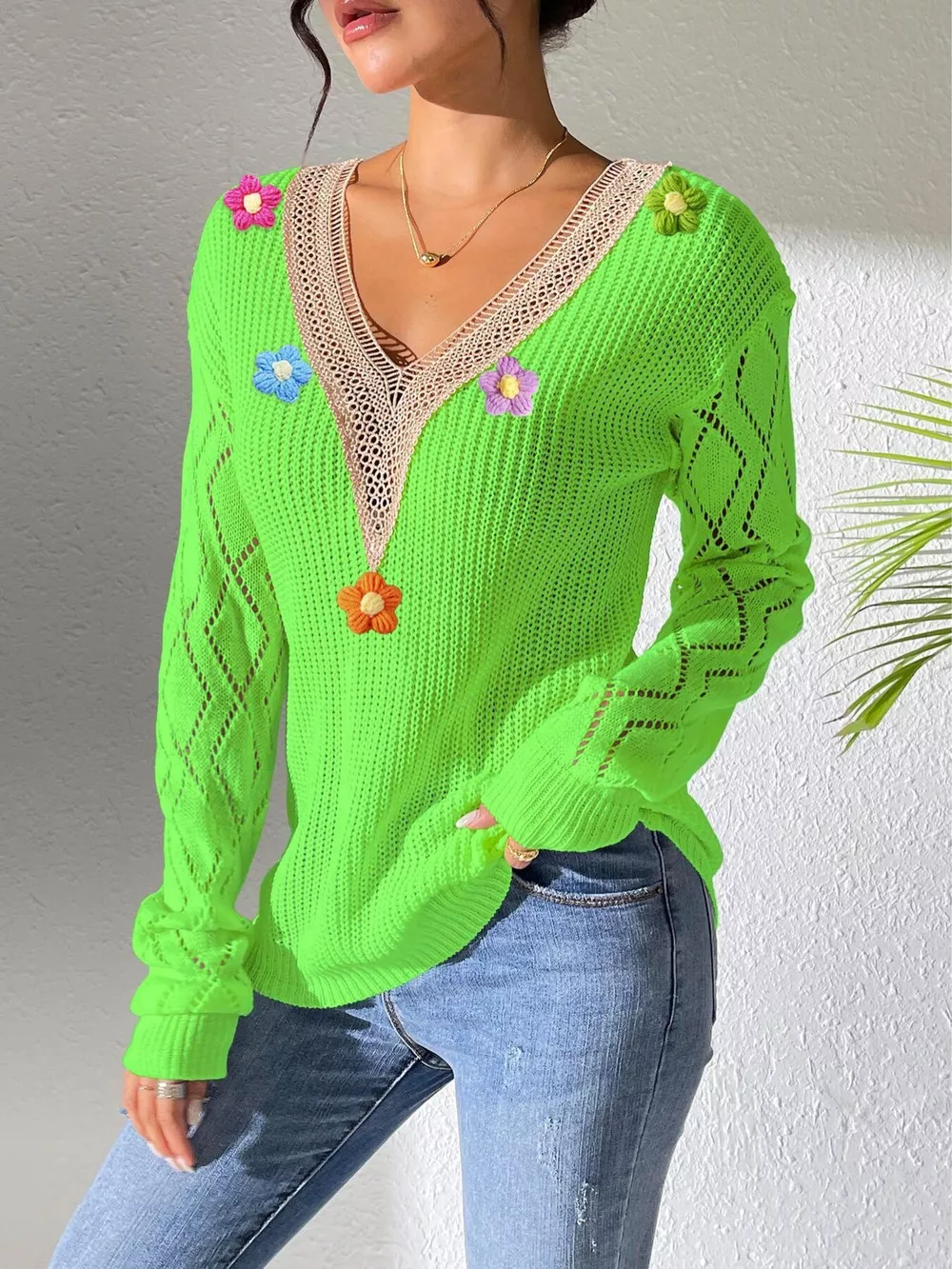 Floral Applique V-Neck Openwork Sweater, image 13