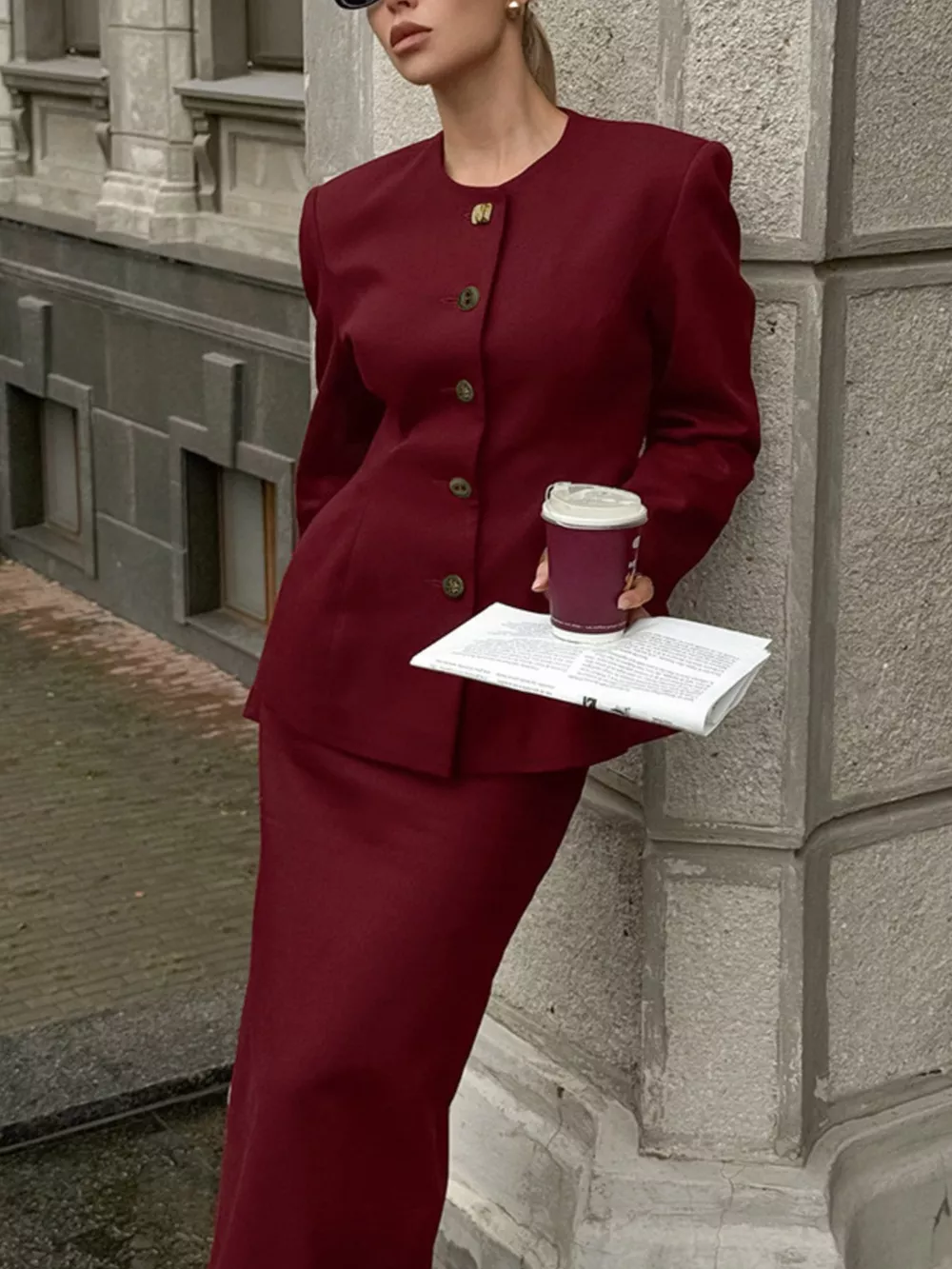 Button Up Peplum Blazer & Skirt Set, image 4