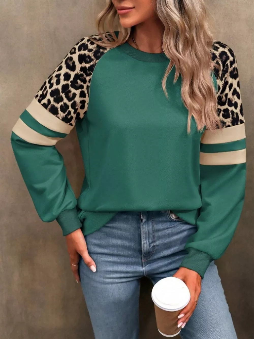 Leopard Raglan Sleeve Striped Sweatshirt, image 29