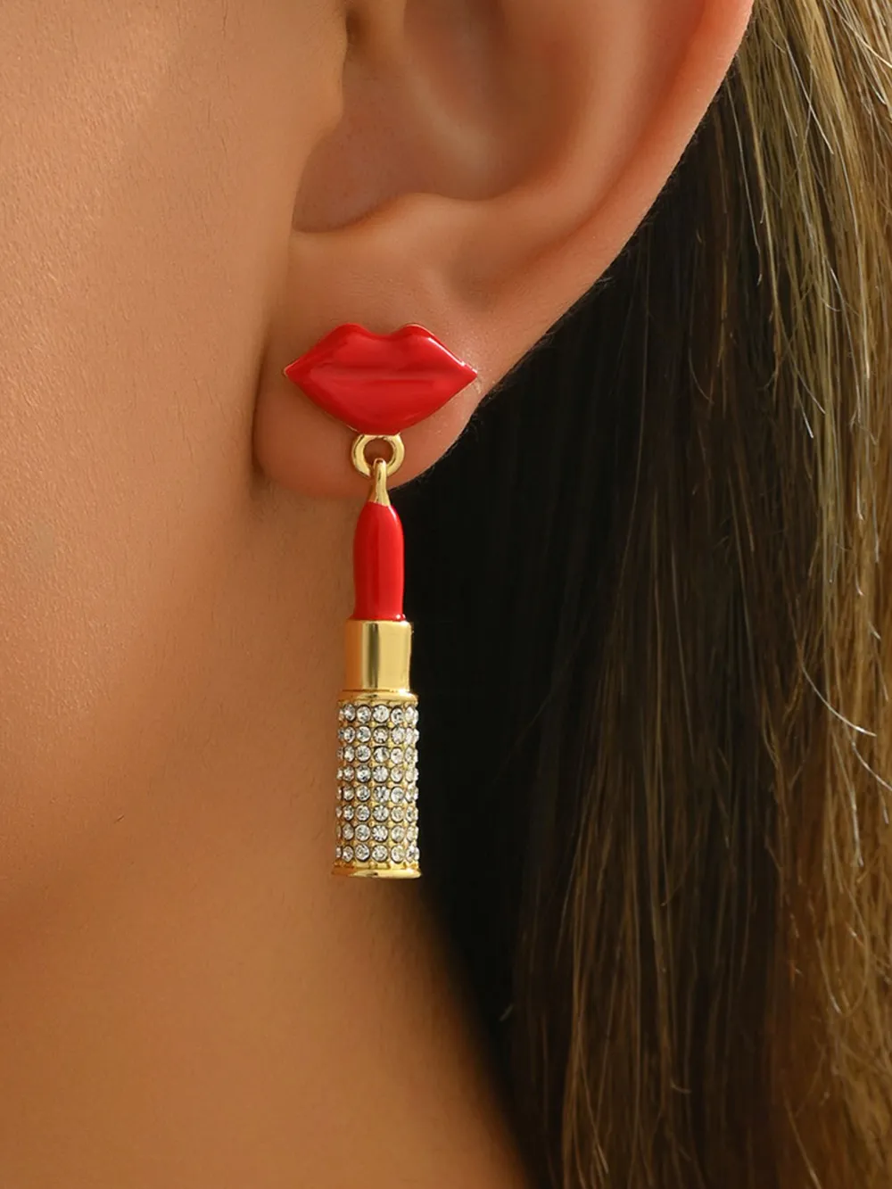 Stainless Steel Resin Lips Lipstick Rhinestone Earrings, image 2