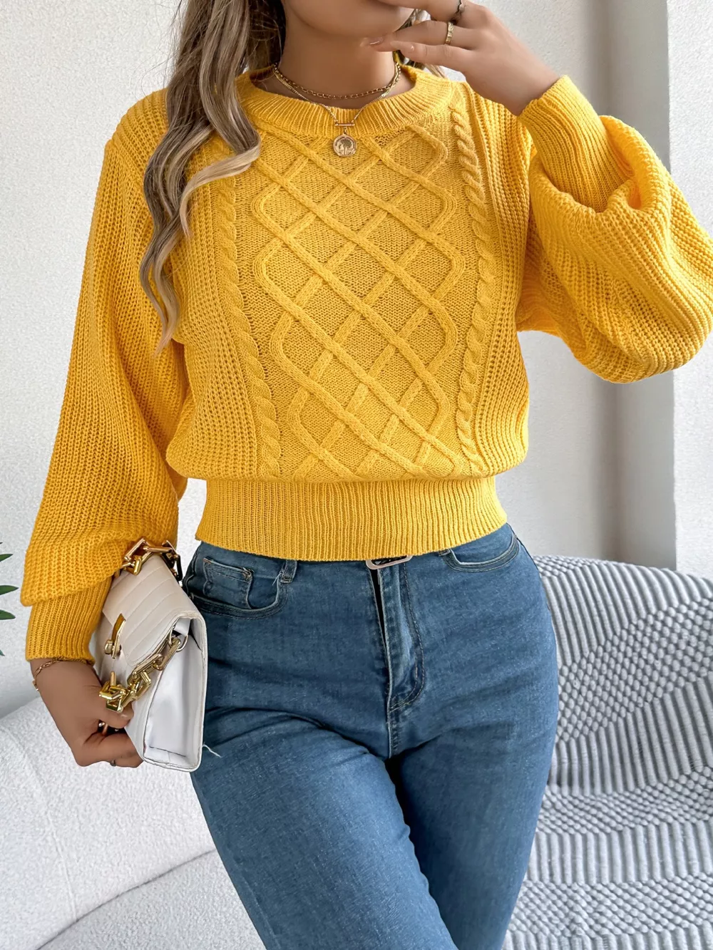 Cable Knit Diamond Pattern Long Sleeve Sweater, image 10