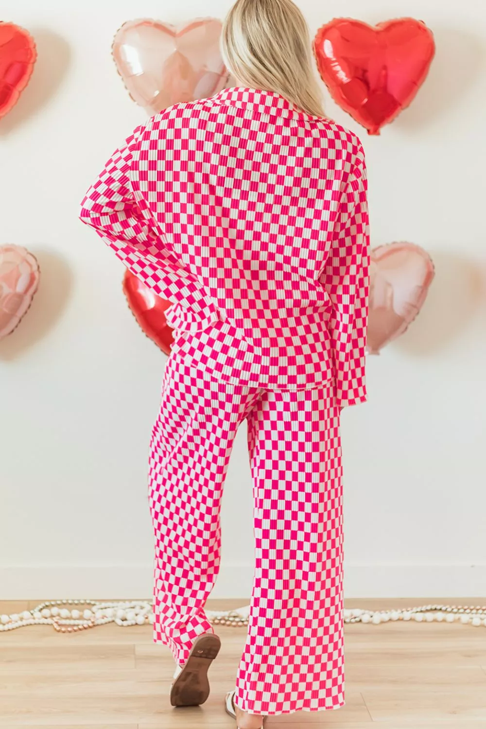 Checkerboard Print Long Sleeve Top and Pants Set, image 7