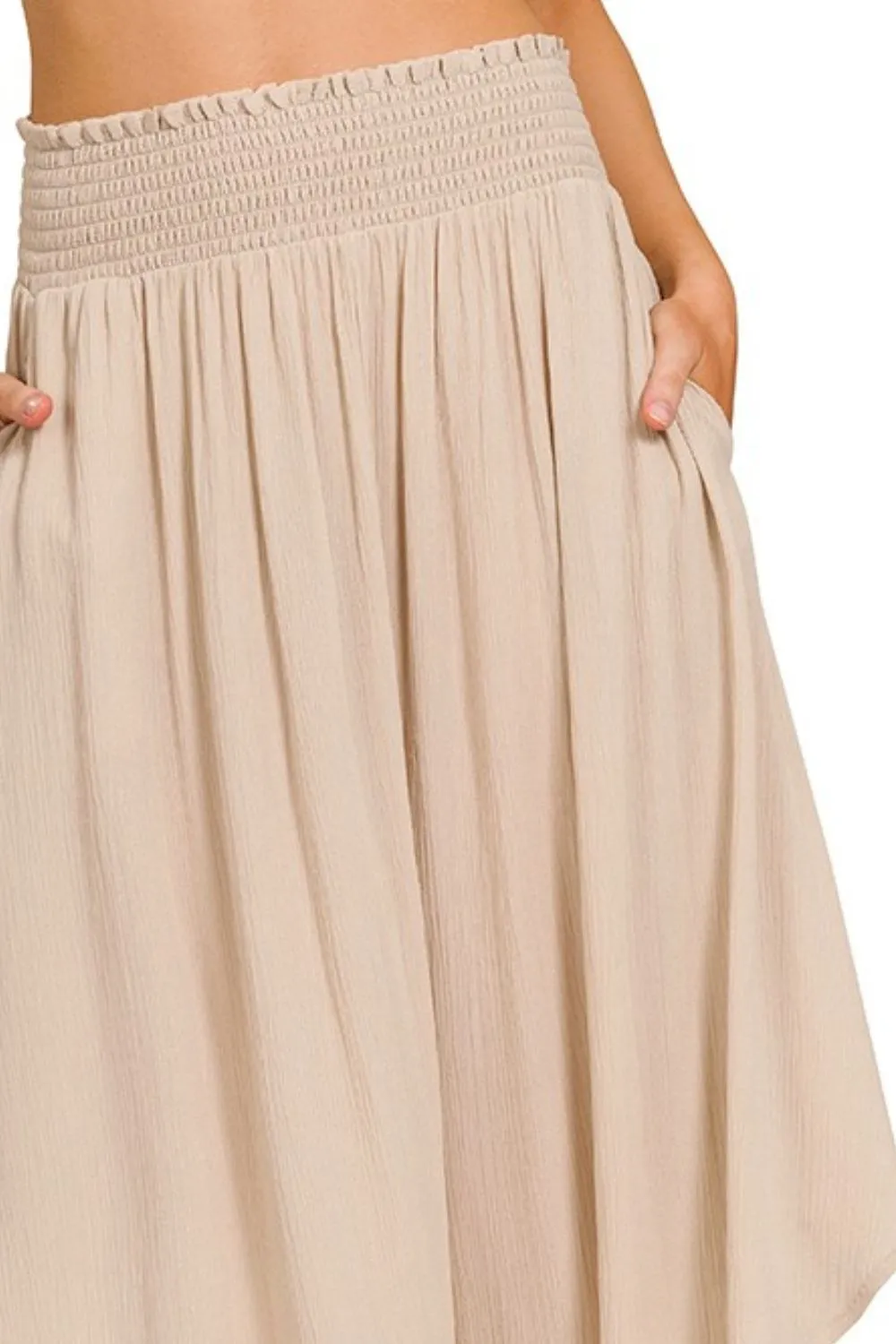 Woven Crinkle Smocked Waist Maxi Skirt W Pockets, image 4