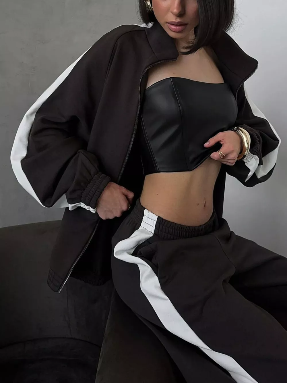 Contrast Side Stripe Zip Up Top and Pants Set, image 4