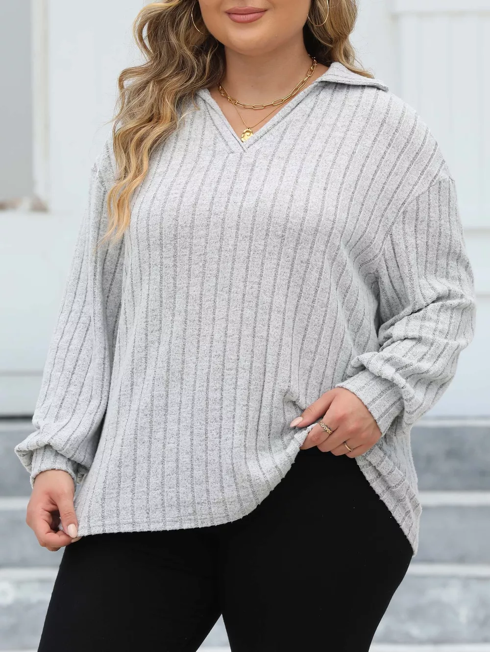 Plus Size Ribbed Knit Polo Collar T-Shirt, image 7