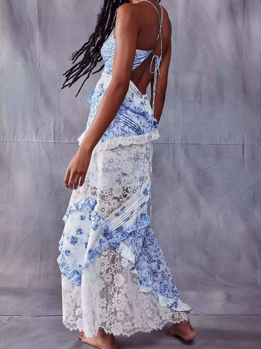 Lace Detail Ruffled Floral V-Neck Maxi Dress, image 19