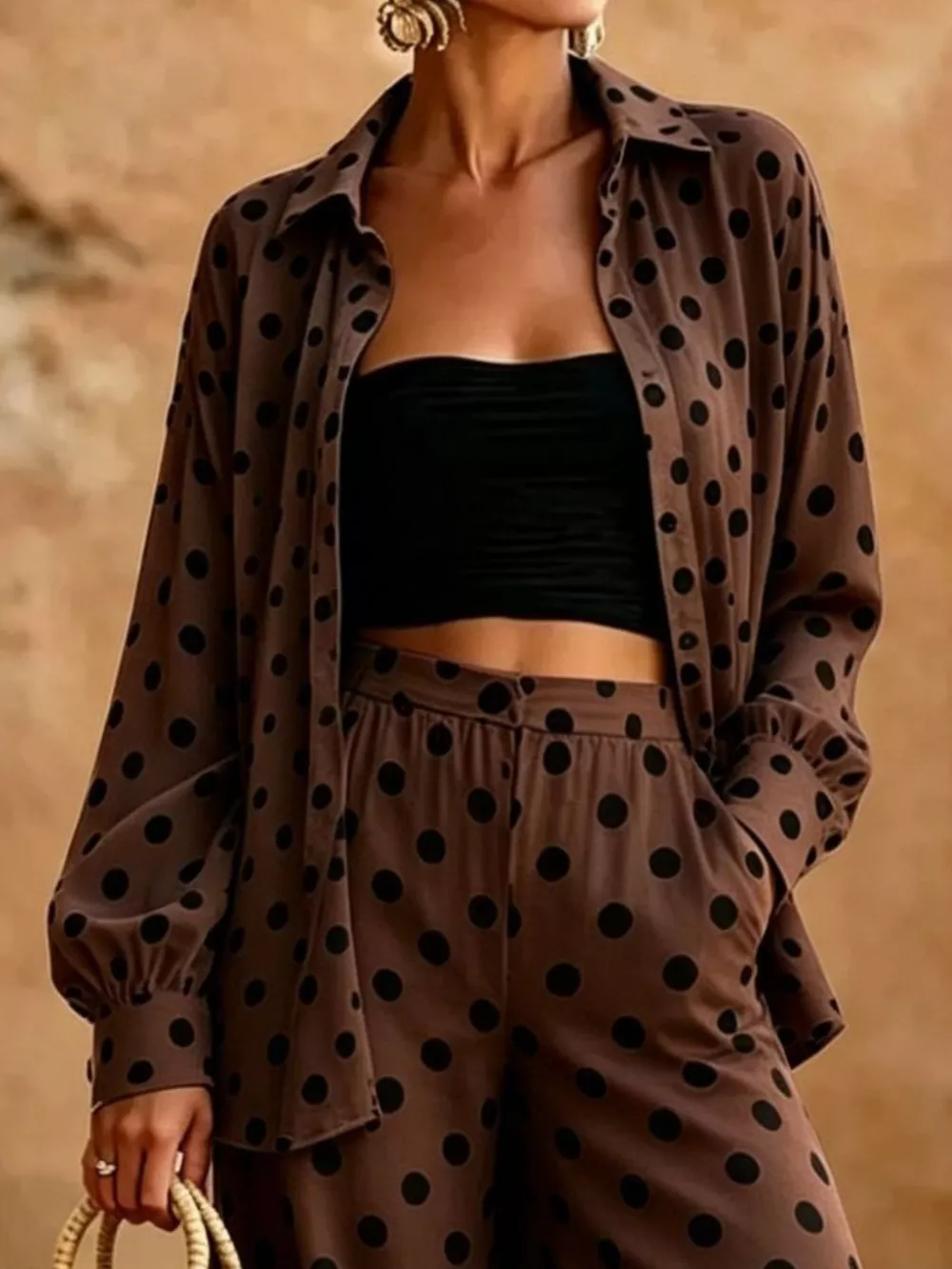 Full Size Polka Dot Shirt and Wide-Leg Pants Set Plus Size, image 6