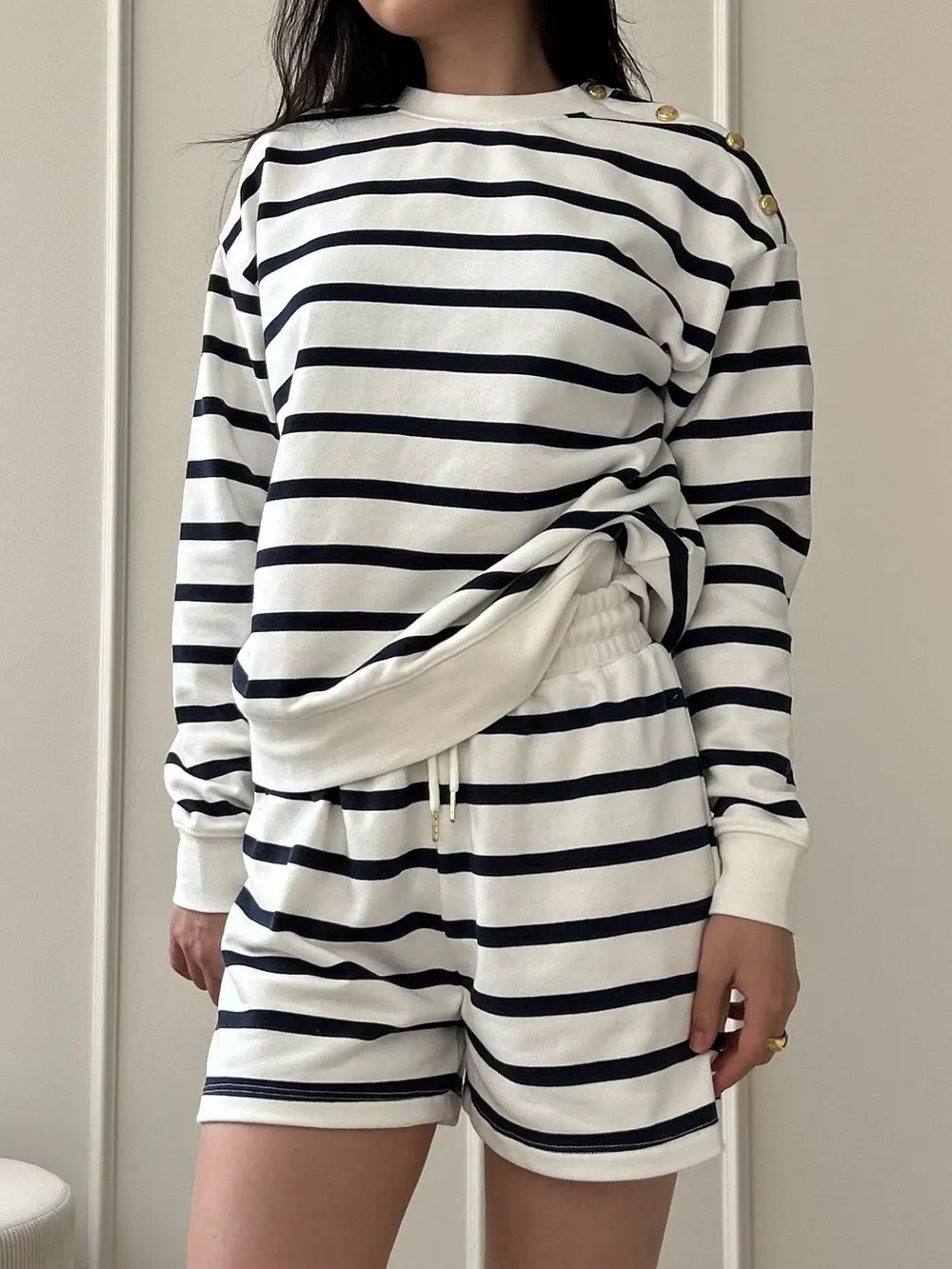 Striped Round Neck Top and Shorts Set, image 2