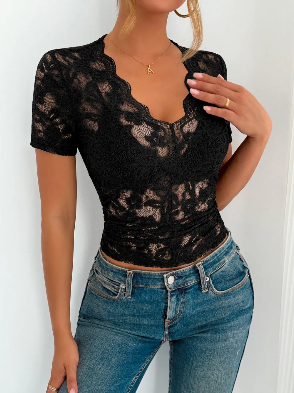 Lace V-Neck Short Sleeve Top, image 8