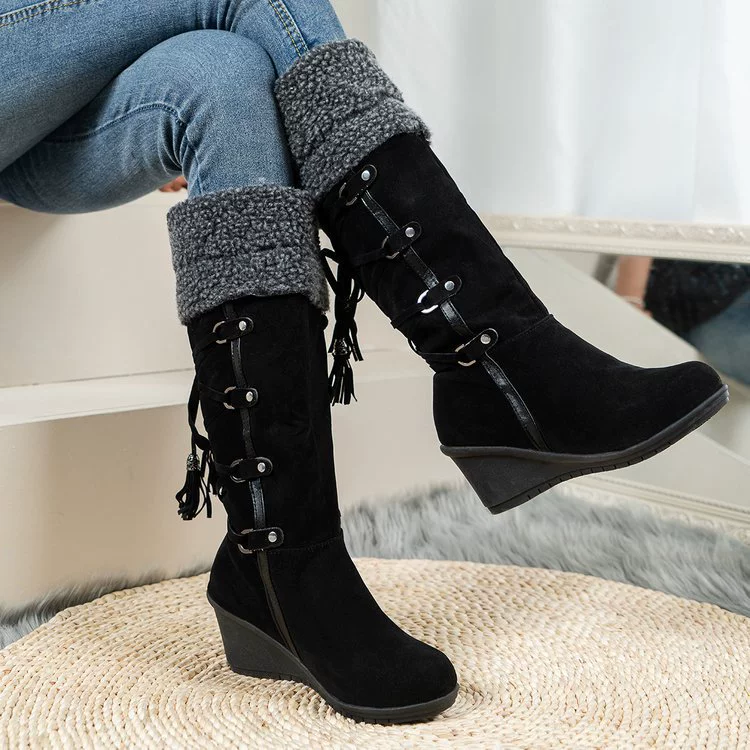 Suede Wedge Boots with Fur Cuff, image 2