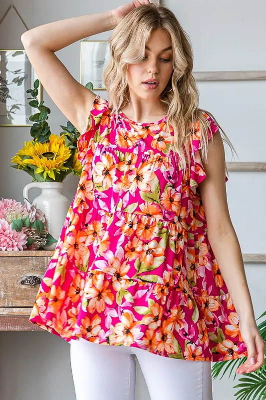 Full Size Butterfly Sleeve Floral Tiered Top Plus Size, image 9
