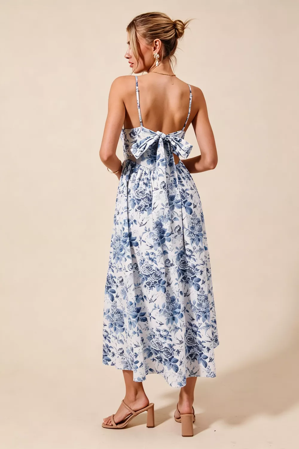 Floral Woven V Neck Dress With Back Ribbon Tie, image 5