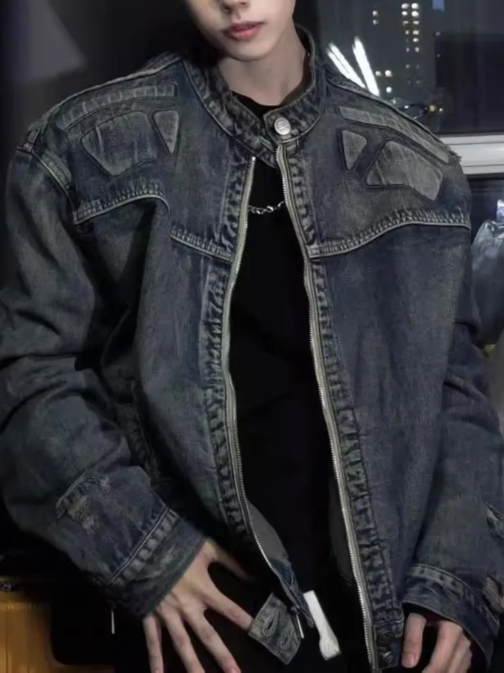 Men's Full Size Zip Up Washed Oversized Denim Jacket Plus Size, image 5