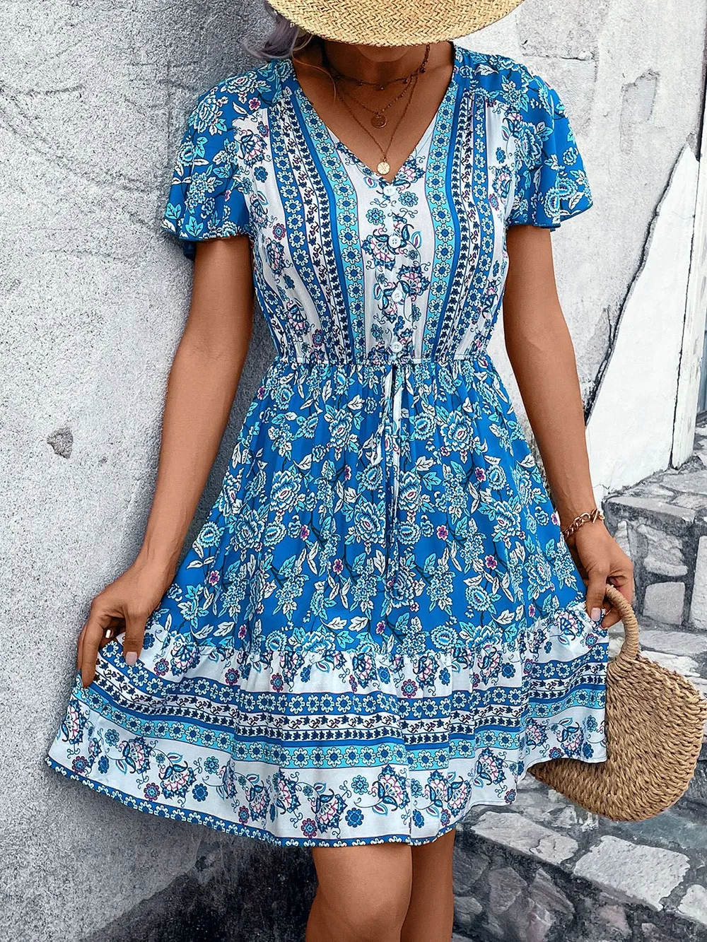 Printed V-Neck Flutter Sleeve Mini Dress, image 3