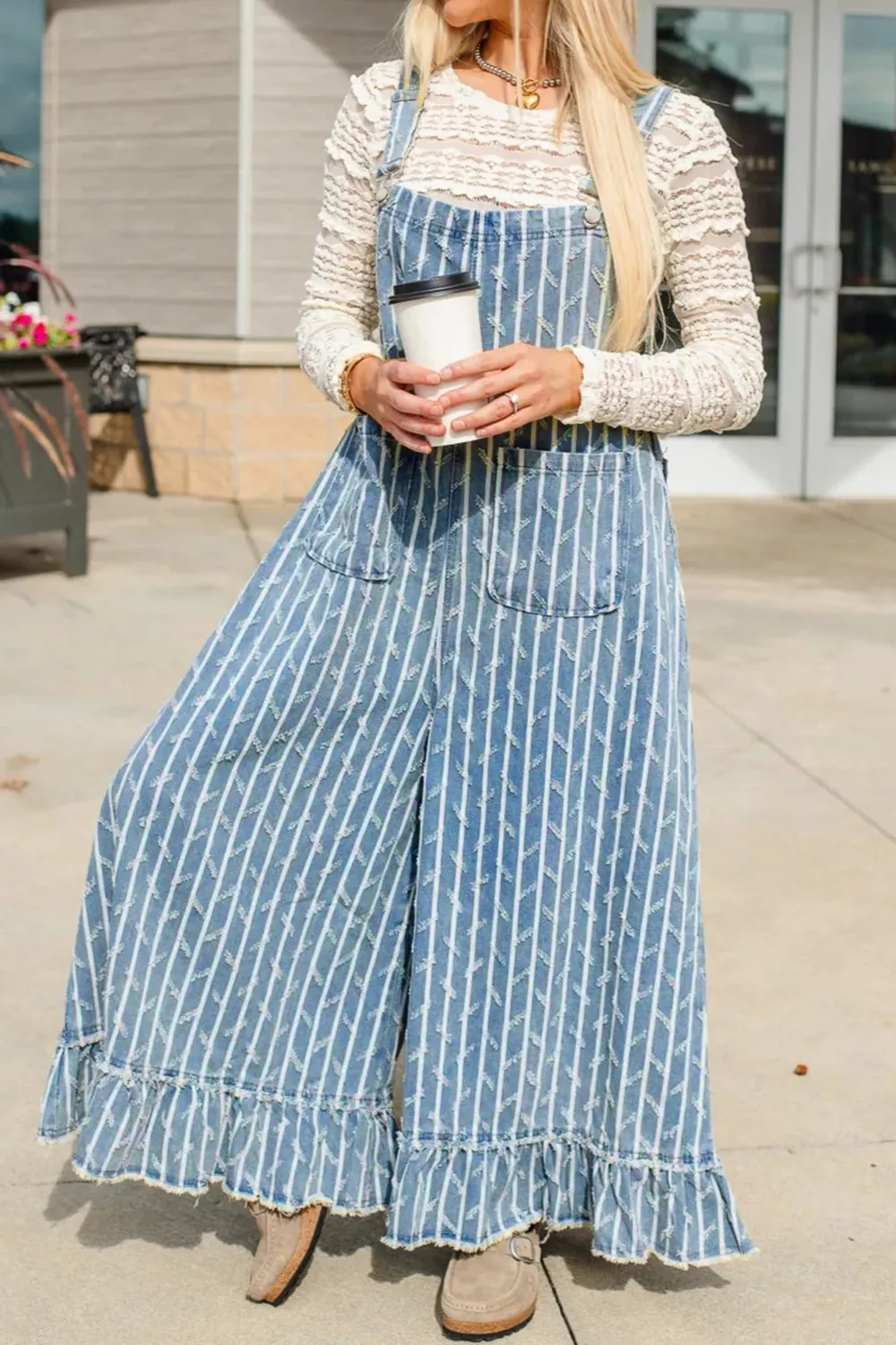 Striped Distressed Ruffled Wide Leg Denim Overalls, image 4