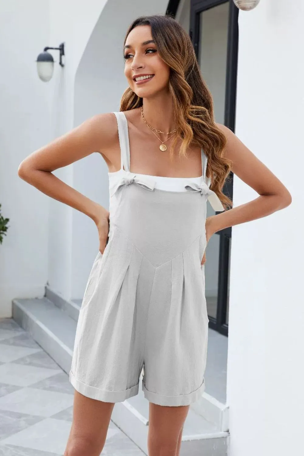 Knotted Strap Romper with Pockets, image 3