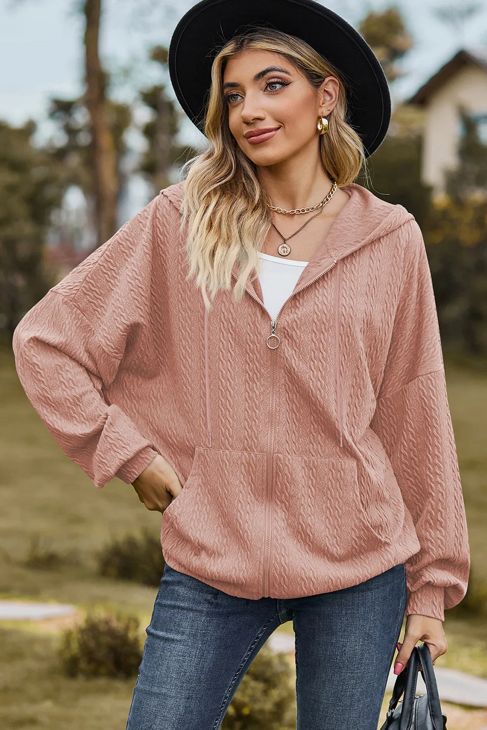 Drawstring Zip Up Dropped Shoulder Hoodie, image 21