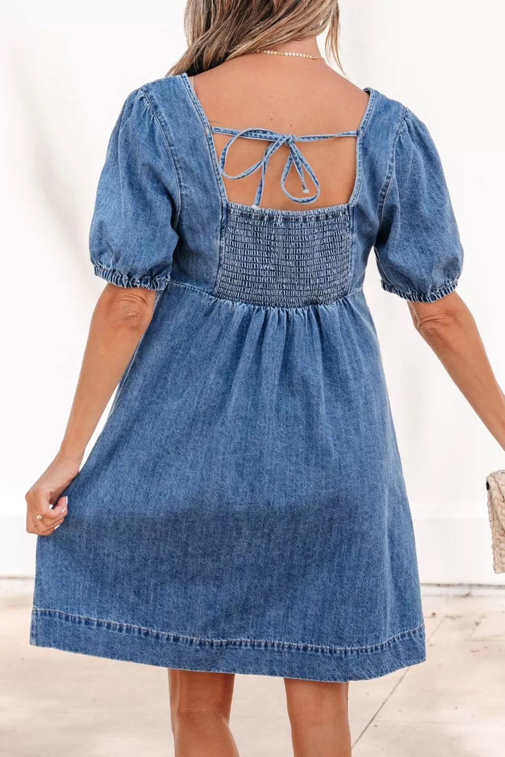 Button-Front Puff Sleeve Denim Dress, image 2