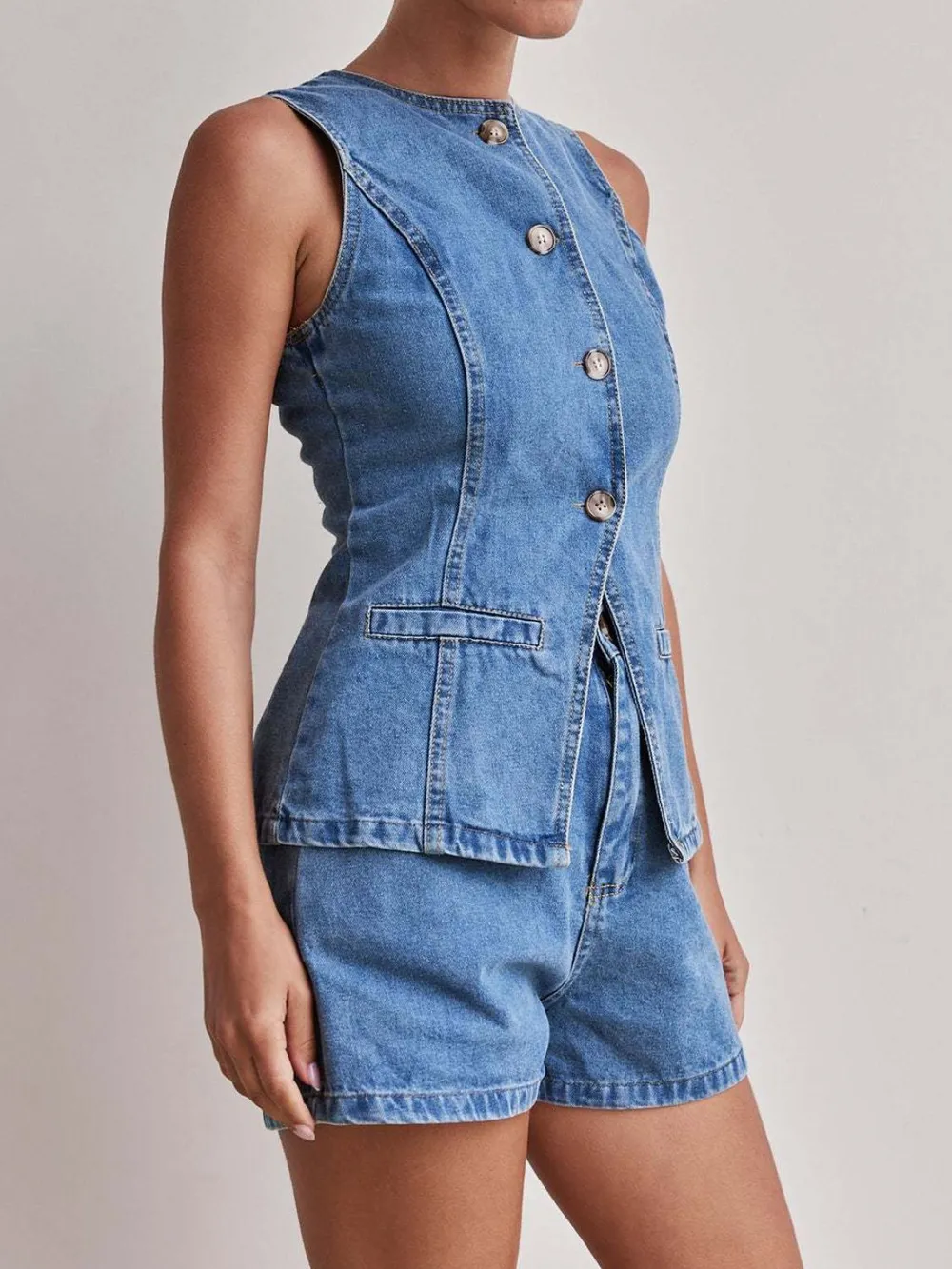 Button Down Vest and Shorts Denim Set, image 13