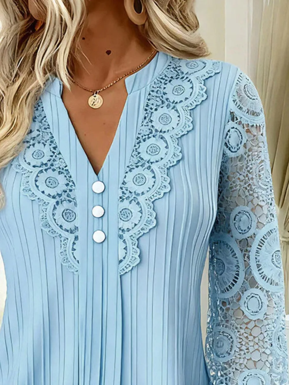 Lace Long Sleeve Notched Blouse, image 12
