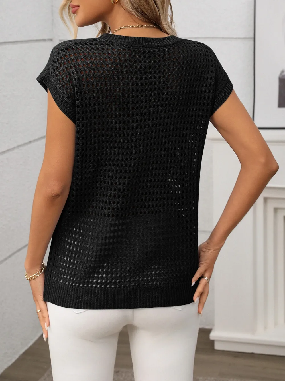 Openwork Round Neck Short Sleeve Knit Cover Up, image 23
