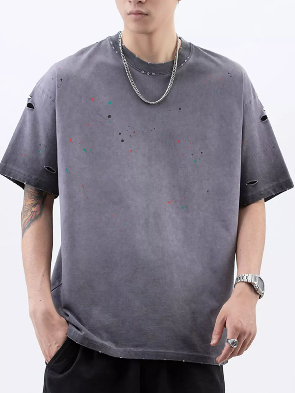 Men's Plus Size Distressed Round Neck Short Sleeve T-Shirt, image 6
