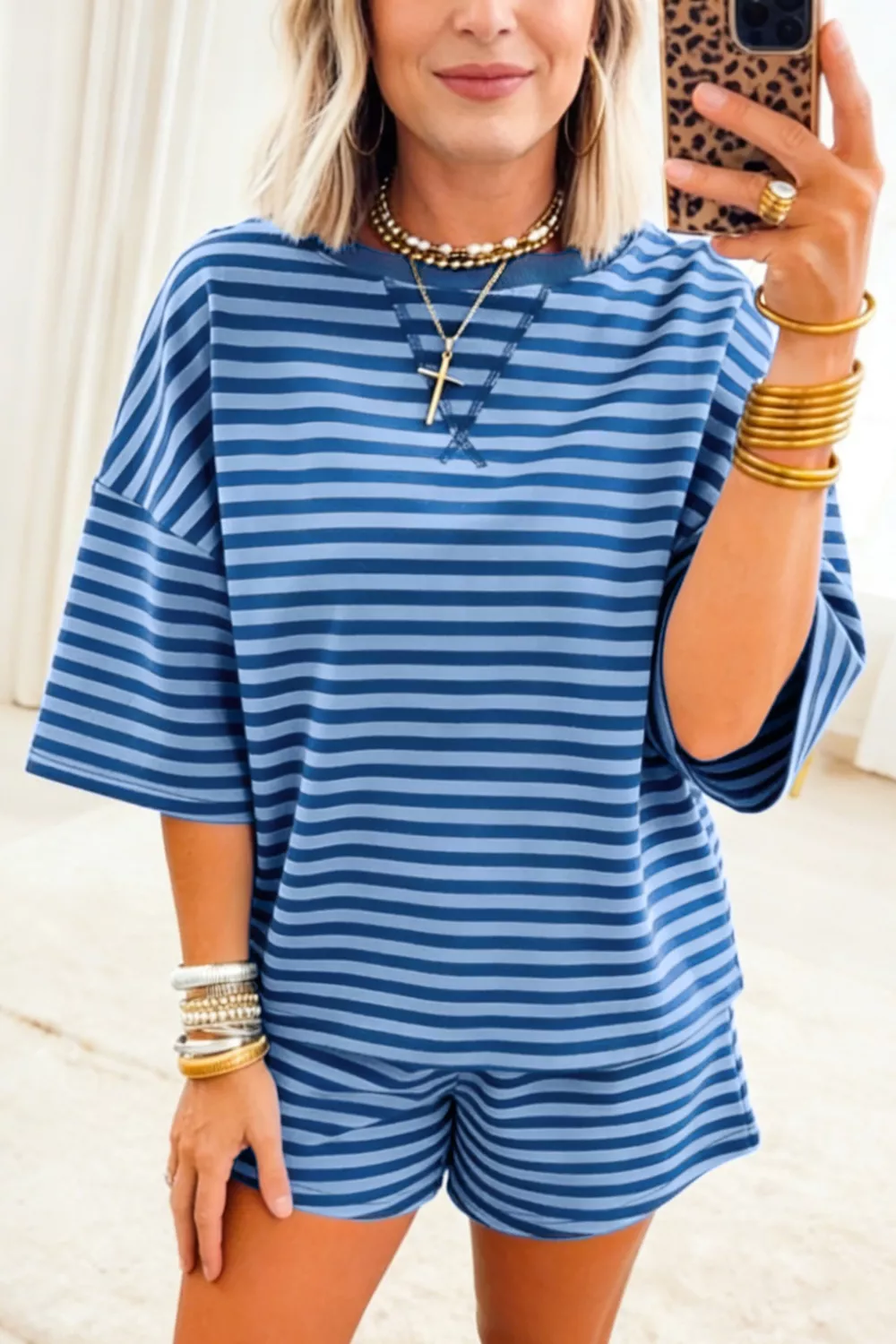Striped Short Sleeve Top and Shorts Set, image 3