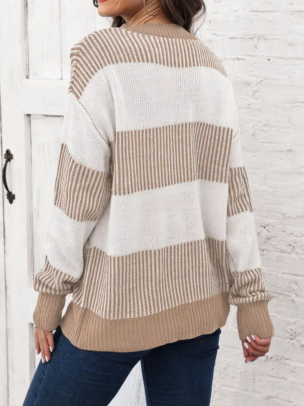 Full Size Color Block Dropped Shoulder Sweater Plus Size, image 12
