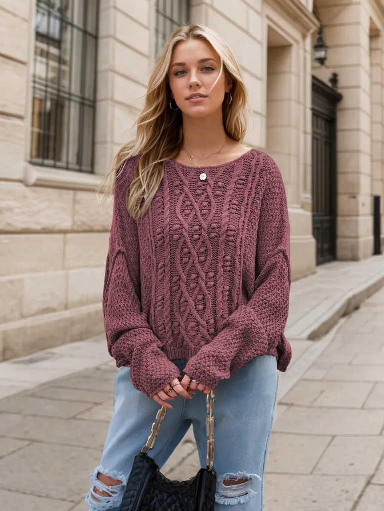 Round Neck Dropped Shoulder Long Sleeve Sweater, image 10