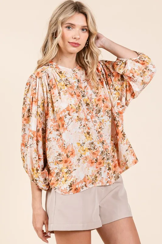 Flower Print Batwing Sleeve Button Down Blouse, image 5
