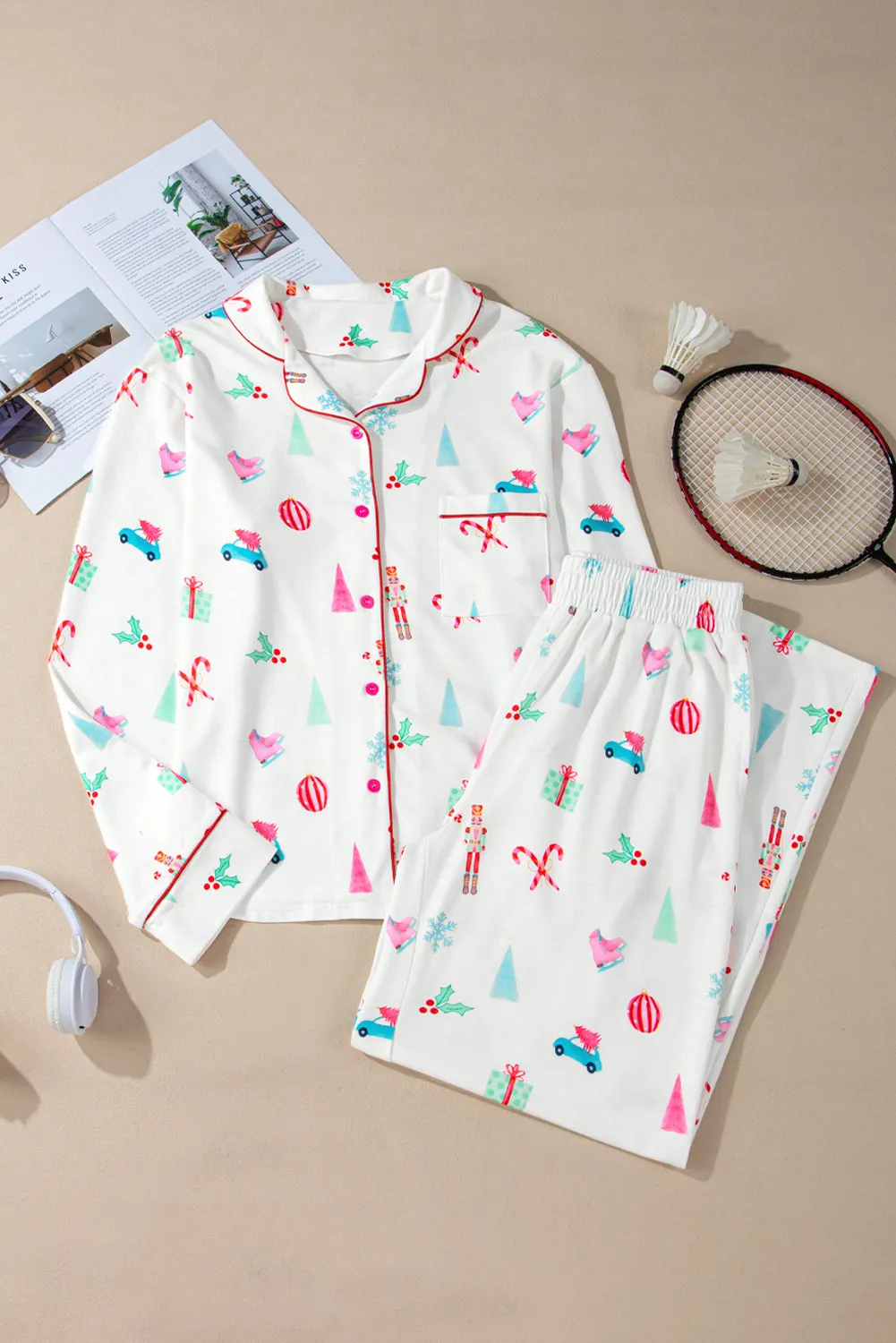 Printed Collared Neck Long Sleeve Top and Pants Lounge Set, image 5