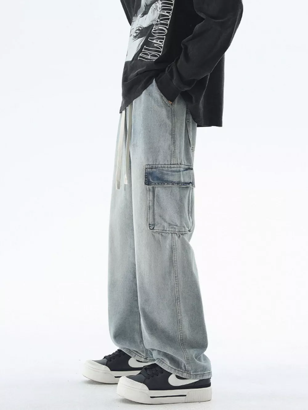 Men's Drawstring Wash Wide Leg Jeans, image 3