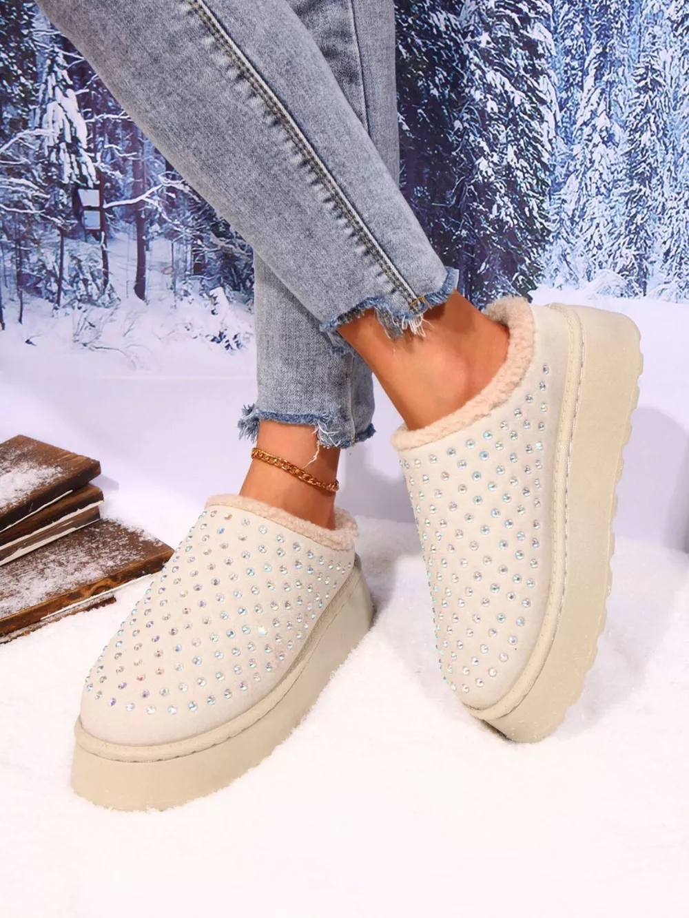 Rhinestone Round Toe Platform Slippers, image 3