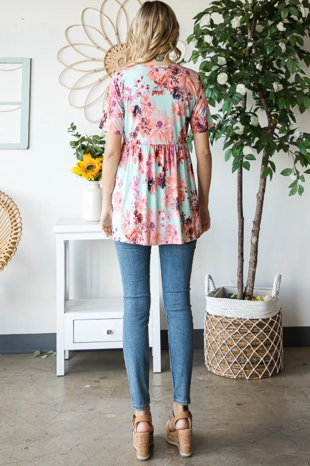 Full Size Floral V-Neck Short Sleeve Babydoll Blouse, image 9