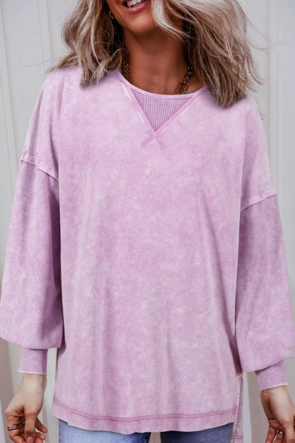 Exposed Seam Round Neck Long Sleeve Sweatshirt, image 13