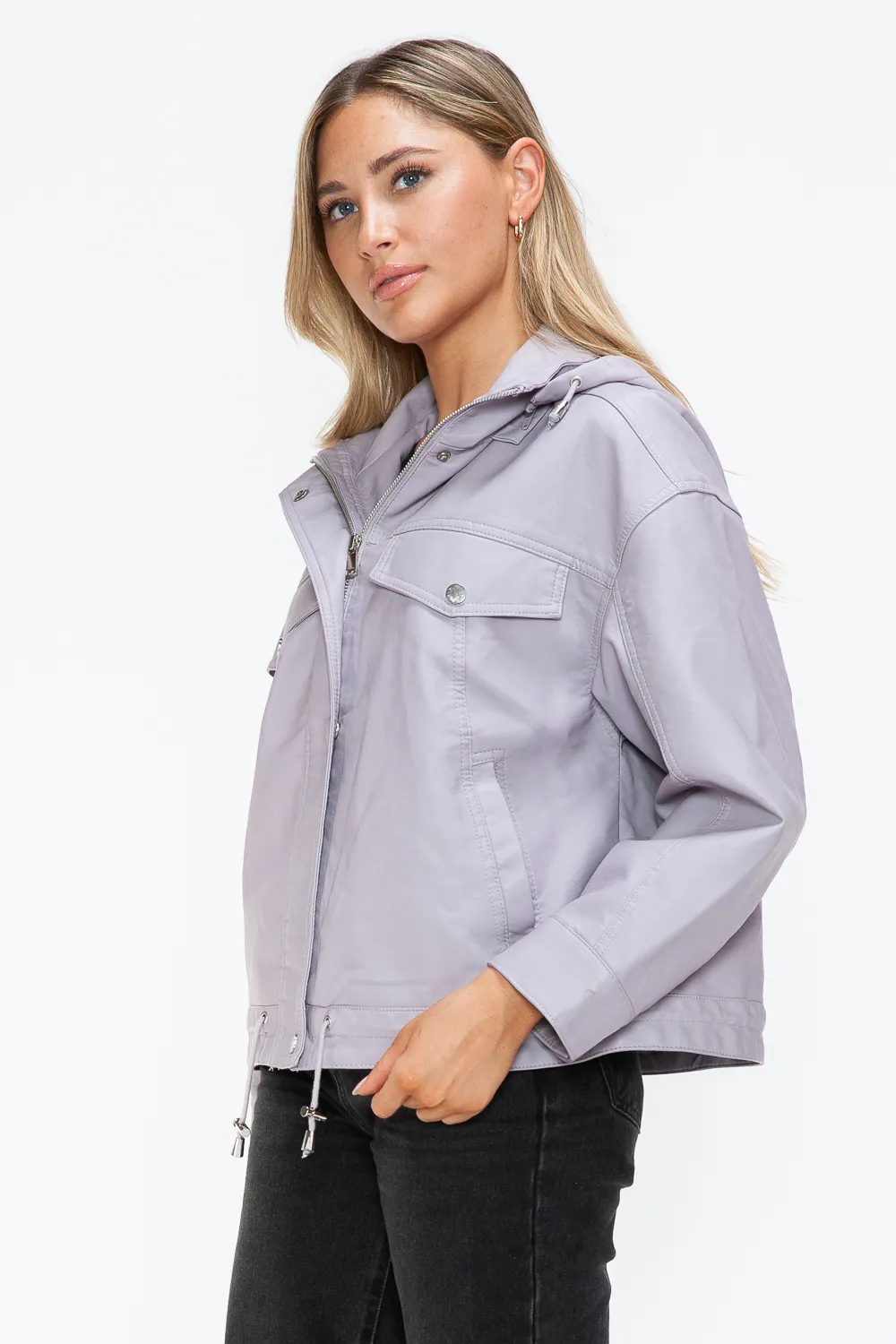 Drawstring Hem PU Leather Zip Up Jacket, image 7