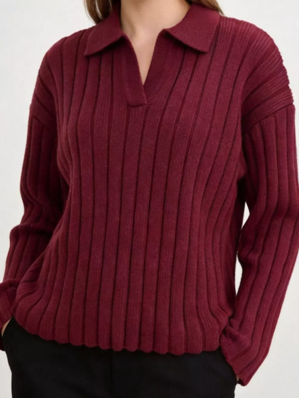 Ribbed Knit Polo Collar Sweater, image 4