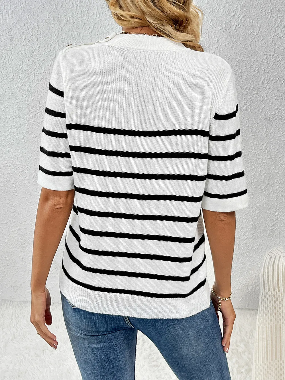 Striped Round Neck Half Sleeve Knit Top, image 8