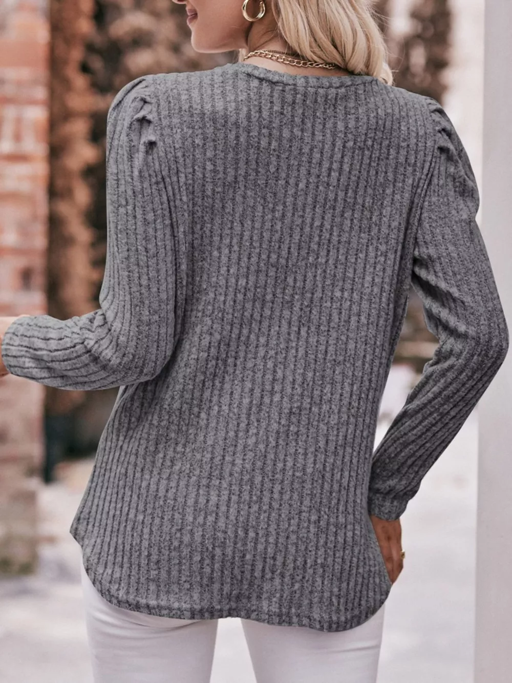 Ribbed Knit Puff Sleeve T-Shirt, image 30