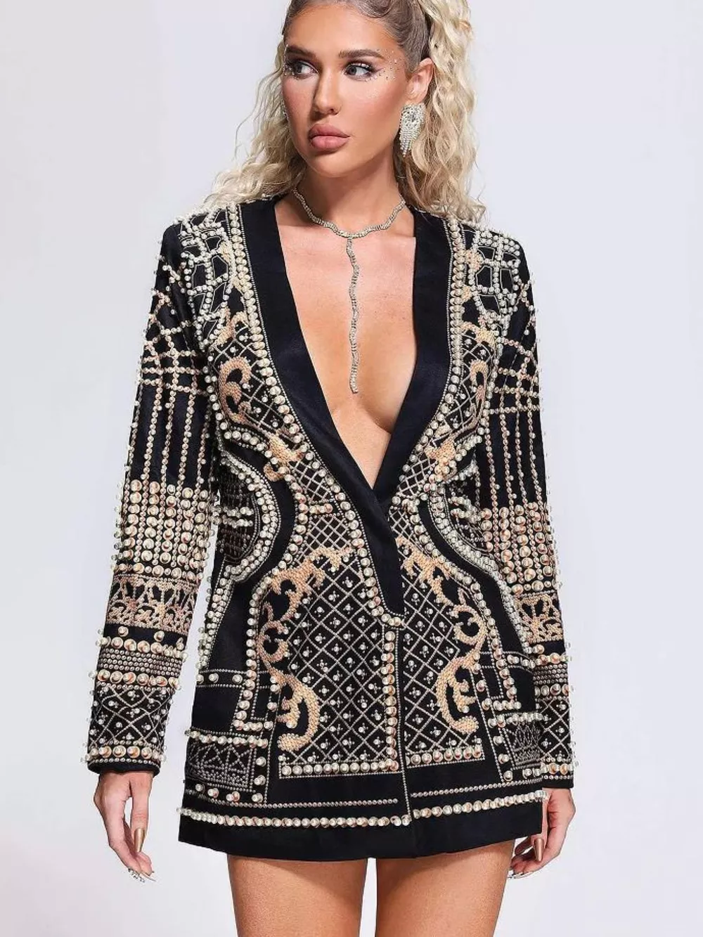 Full Size Embellished Pearl One-Button Blazer Plus Size