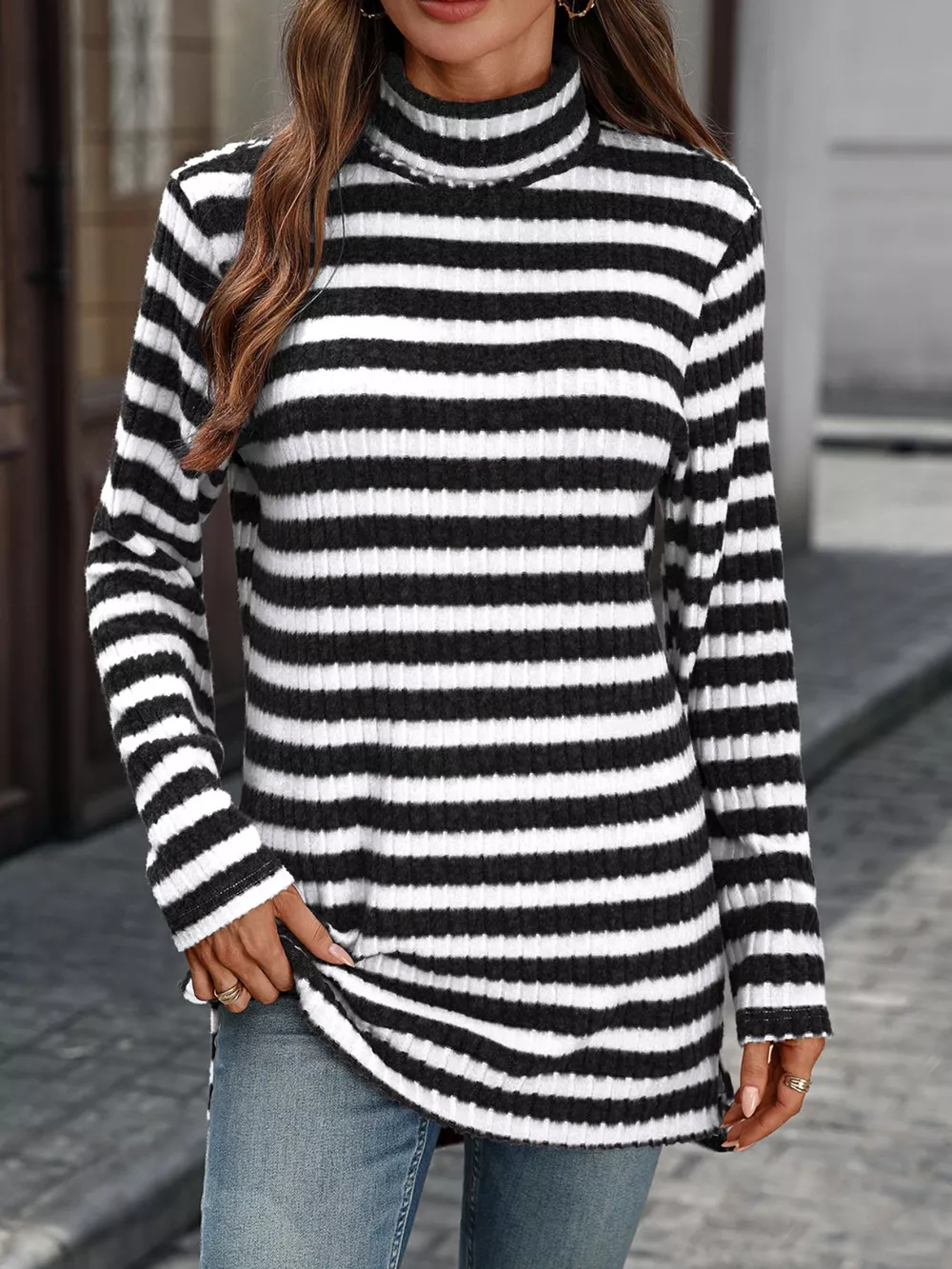 Striped Ribbed Knit Turtleneck Long Sleeve T-Shirt, image 2