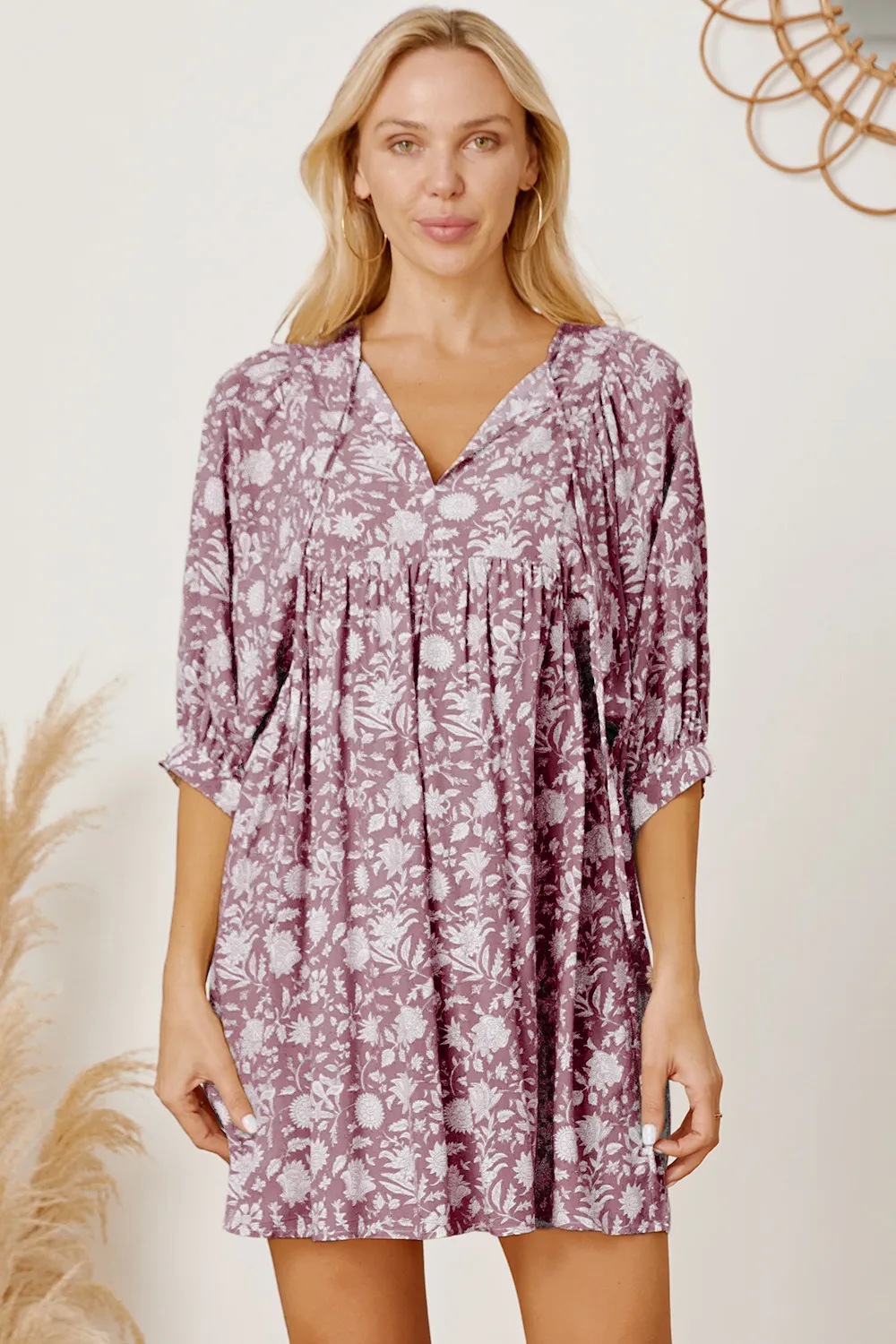 Floral Tie Neck Ruched Babydoll Dress, image 12