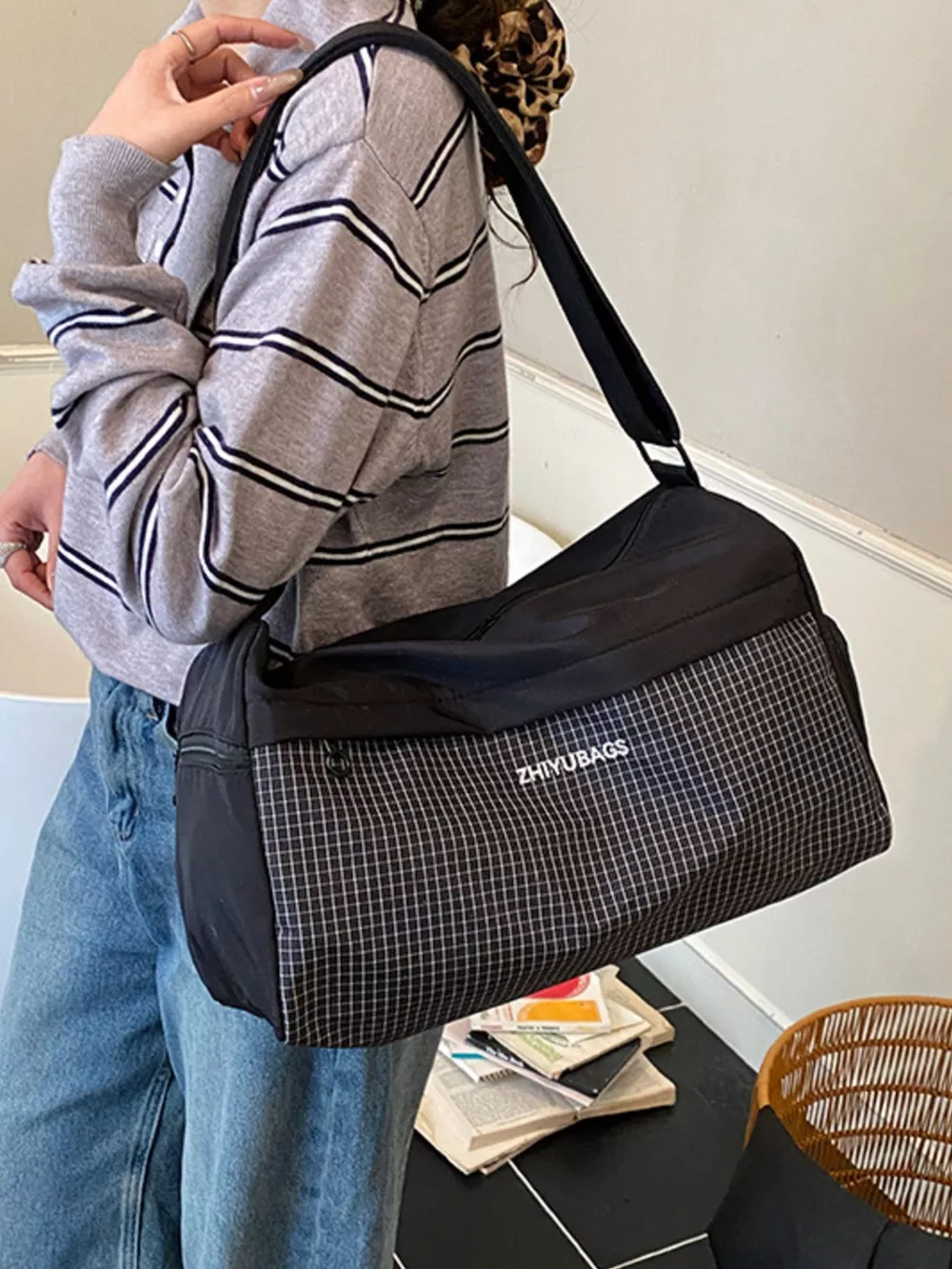 Plaid Oxford Cloth Travel Bag, image 4