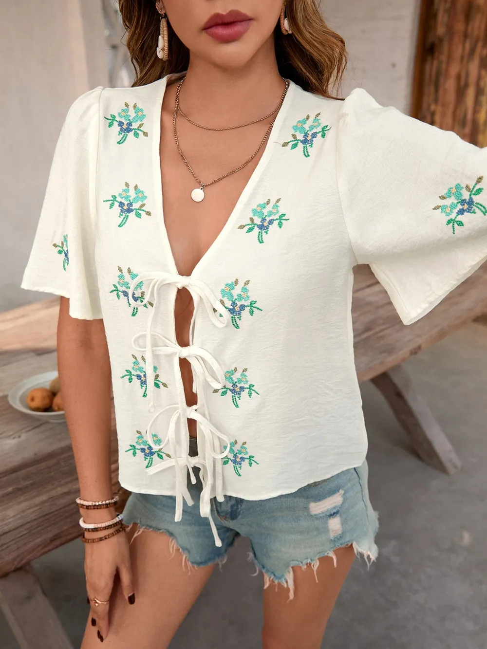 Embroidered V-Neck Short Sleeve Shirt, image 8
