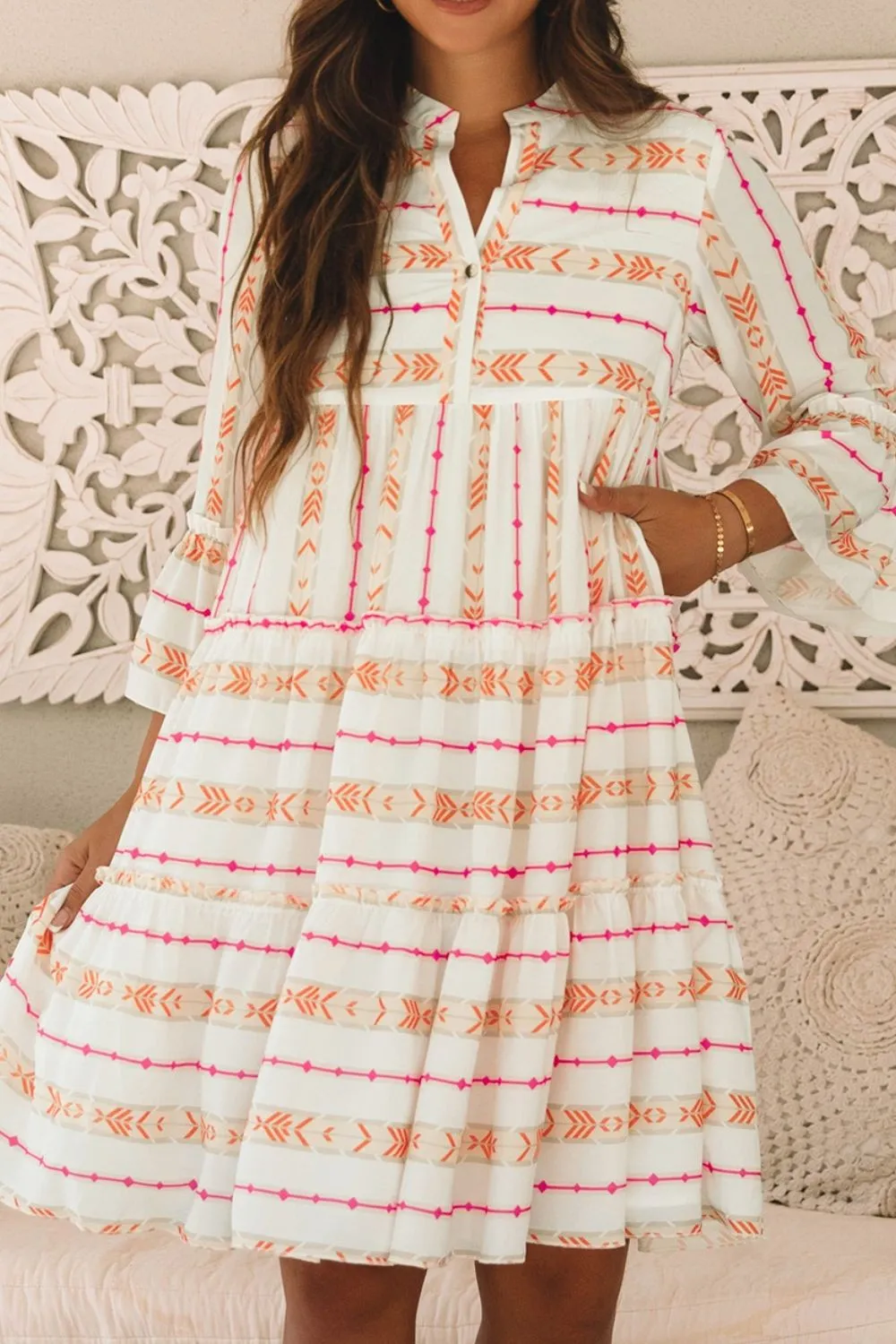 Printed Ruffled Notched Loose Dress, image 12