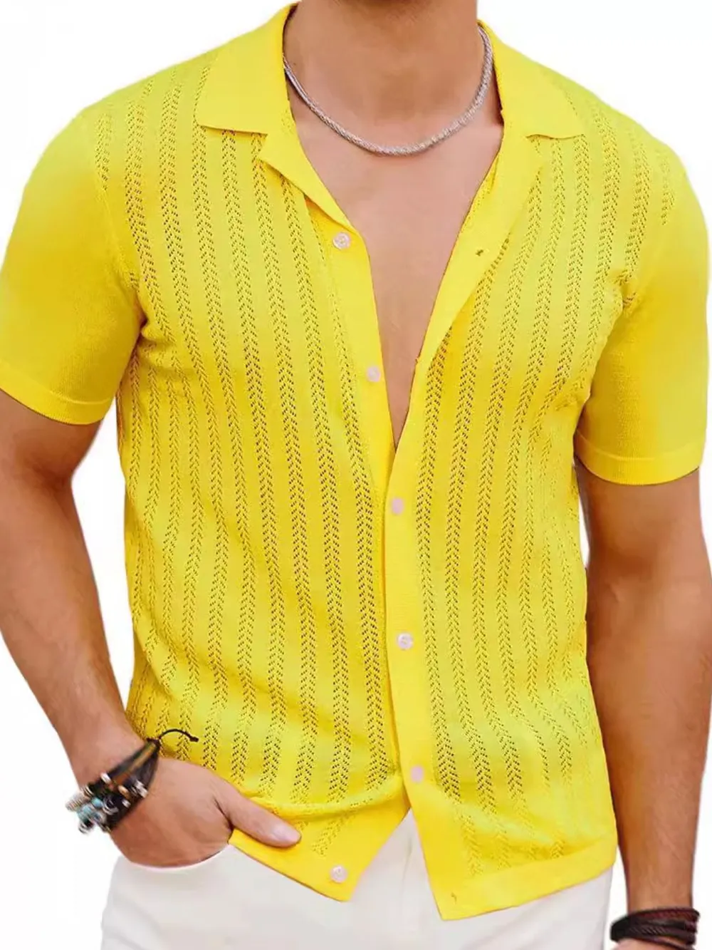 Men's Full Size Openwork Button Down Short Sleeve Shirt Plus Size, image 8