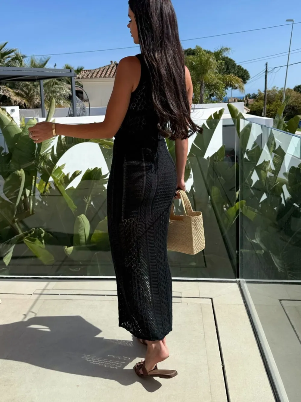 Openwork Round Neck Top and Slit Skirt Sweater Set, image 22