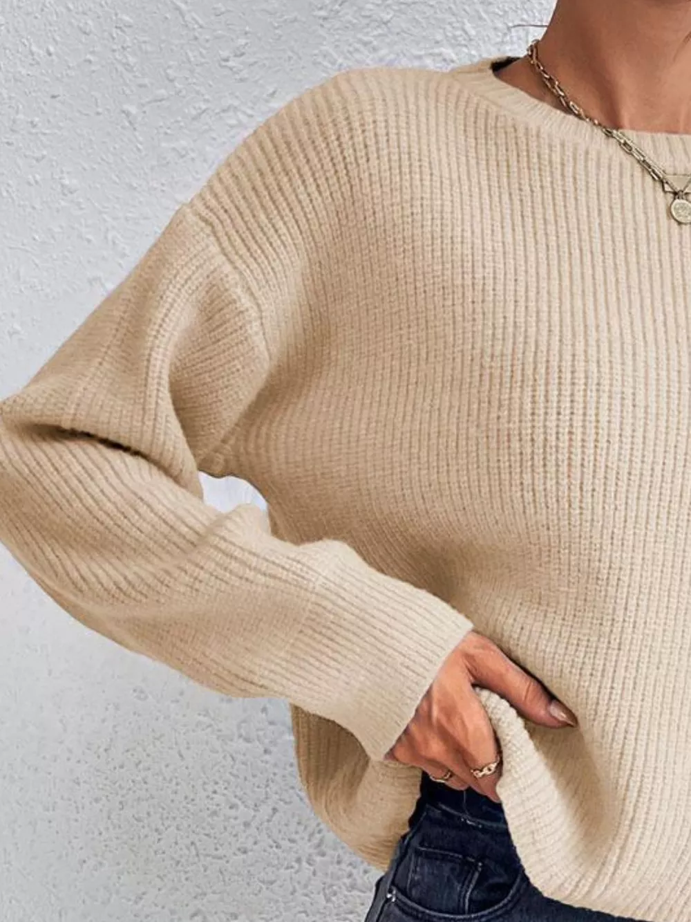 Ribbed Knit Dropped Shoulder Sweater, image 12