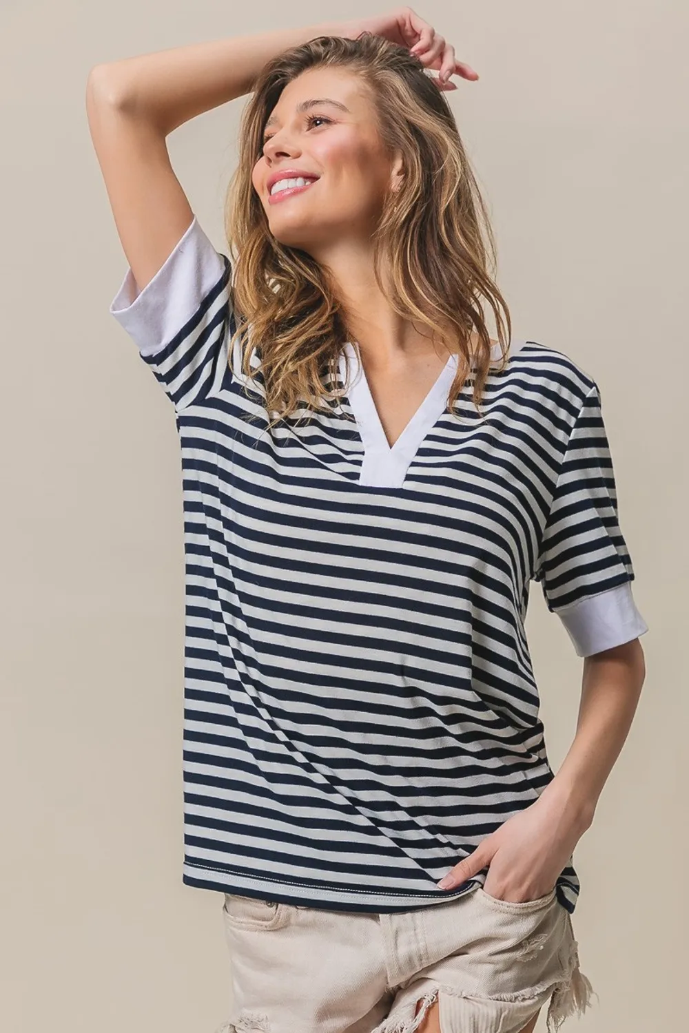 Contrast Striped Notched Knit Top, image 4